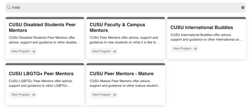 screenshot of range of programmes offered by Coventry students union