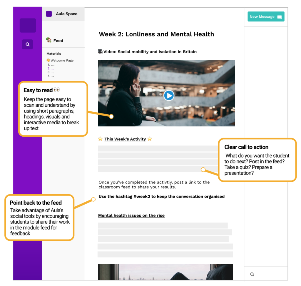 Screenshot of Aula with a good journey page. This includes a large featured image to set the tone, clear calls to action and posts which point back to the main classroom feed. 