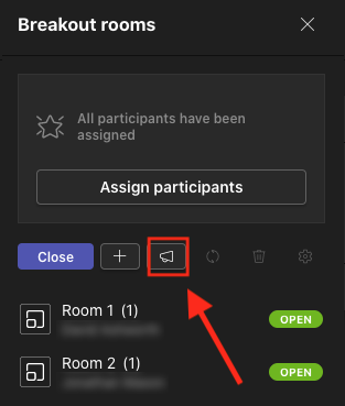 The Rooms tab of Microsoft Teams. The loudspeaker icon is highlighted to show that it is used for announcements.