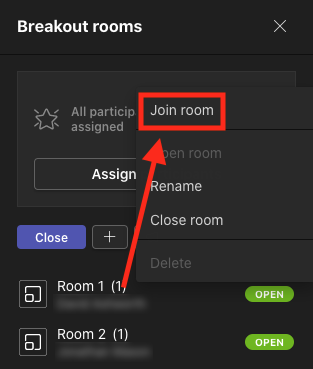 The Rooms tab of Microsoft Teams with the pop-up menu which appears after clicking the ellipsis button on each breakout room. The 'Join room' button is highlighted.