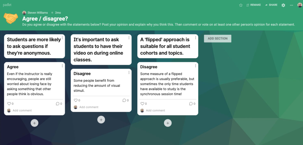 A Shelf layout Padlet. There are three columns and the headings of each are statements. There is an example answer under each heading showing students they should answer by saying if they agree or disagree and why.