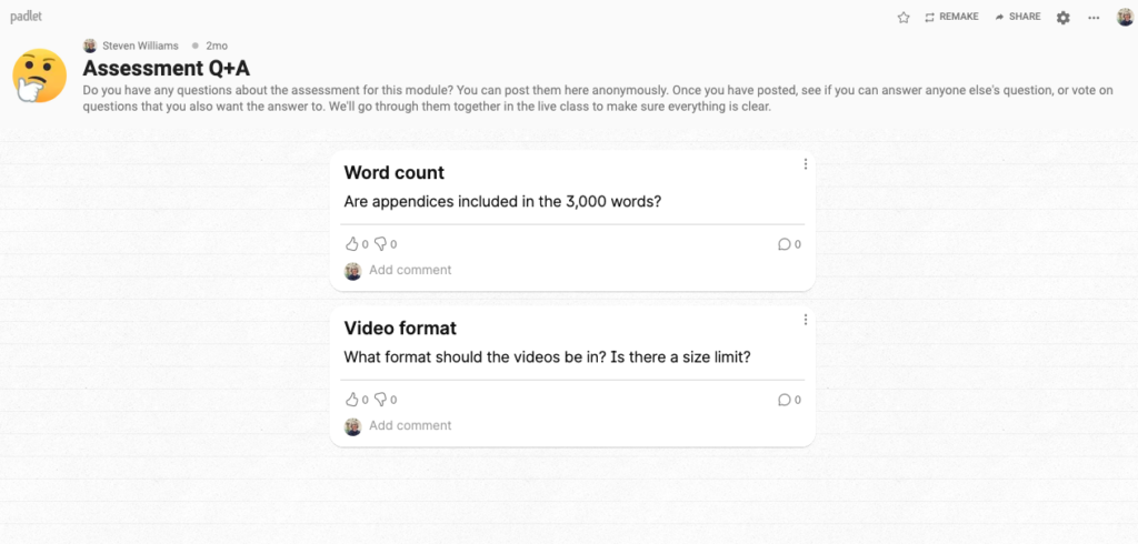 A Stream layout Padlet with a single column of posts. The posts are questions about assessment.