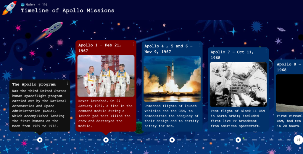A Timeline layout Padlet. There is a dotted line with four posts above it arranged left to right in chronological order. Each post details a different important event in the Apollo program. Some of the posts have images of astronauts and space shuttles.