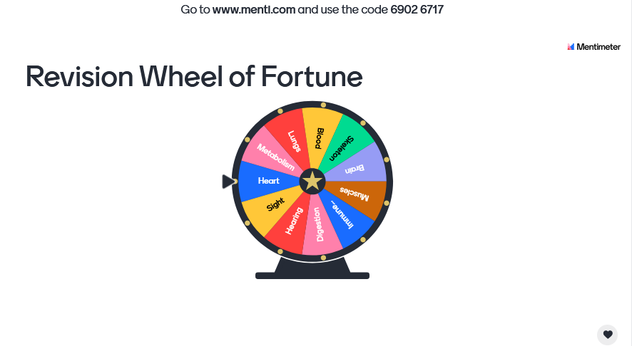 Graphic showing a bright, multi-coloured wheel of fortune type wheel with 11 sections with biology topics. 