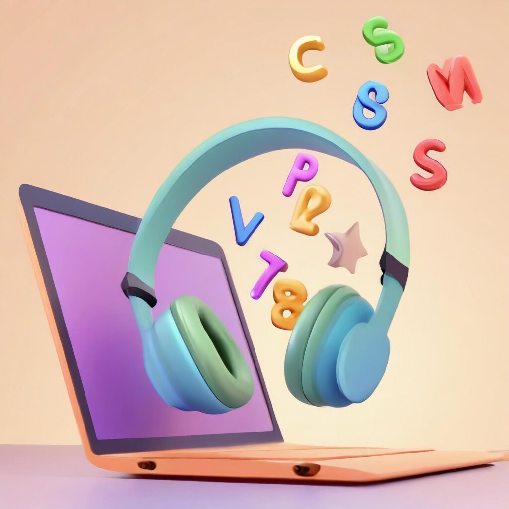 cartoon style laptop computer illustration with text emerging out of screen and floating between a pair of headphones