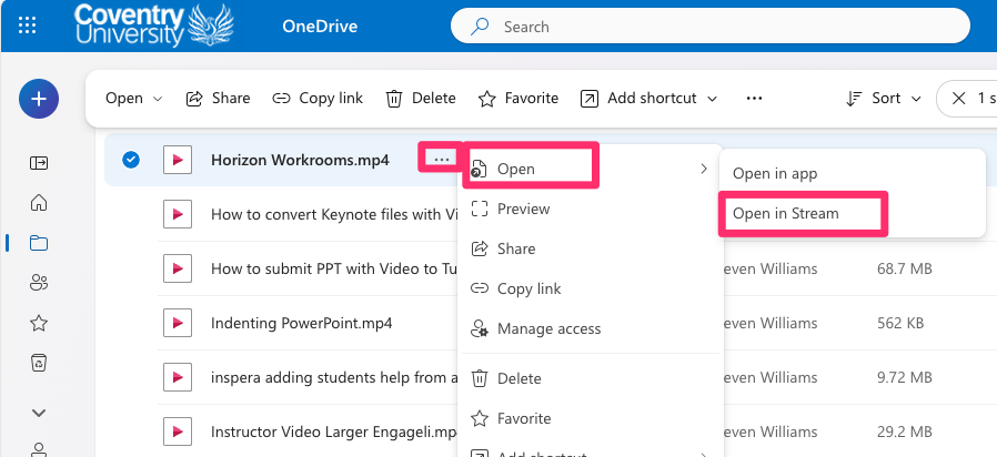 A screenshot showing how users can open a video file stored in Microsoft OneDrive using Microsoft Stream.   The buttons to select are highlighted – the three dot menu next to the video file name, then 'Open', then 'Open in Stream'.