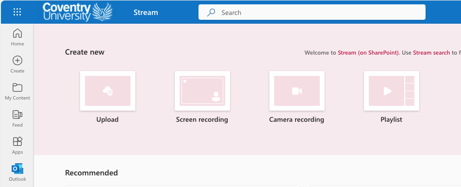 A screenshot of the Microsoft Stream web interface, showing the 'Upload', 'Screen recording', 'Camera recording', and 'Playlist' buttons.