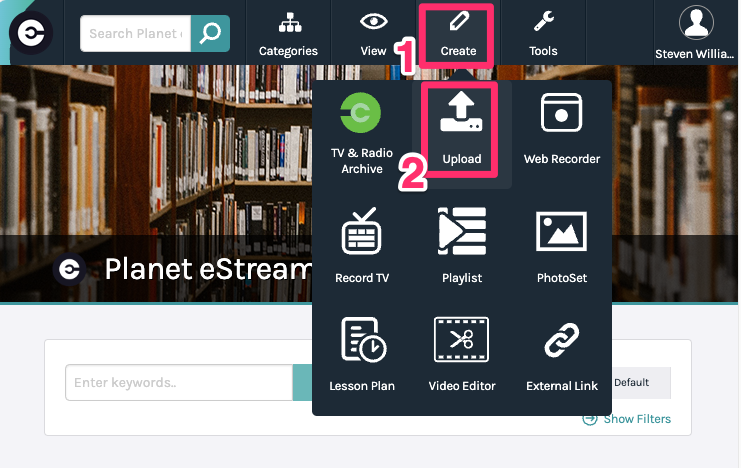 A screenshot of the Planet eStream homepage, showing the 'Create' tab in the top menu, and the 'upload' option.