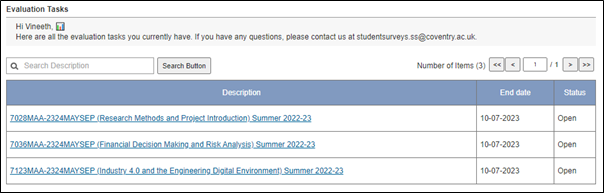 student's sample view of survey tasks after they click the access your survey in blue link