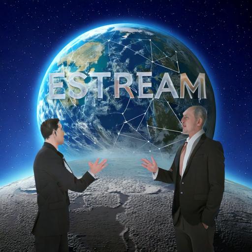 decorative picture of a planet with text 'eStream' and two people in front facing each other speaking.