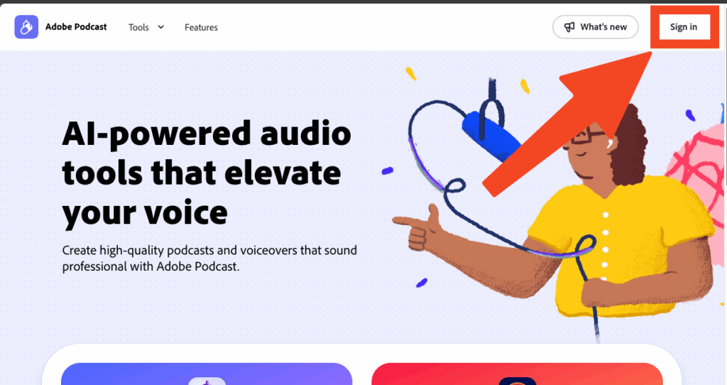 A screenshot of the Adobe Podcast home page, with the 'Sign in' button highlighted.