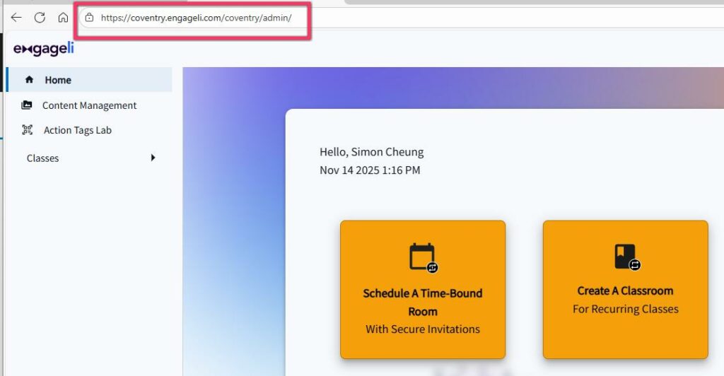 showing website https://coventry.engageli.com/coventry/admin