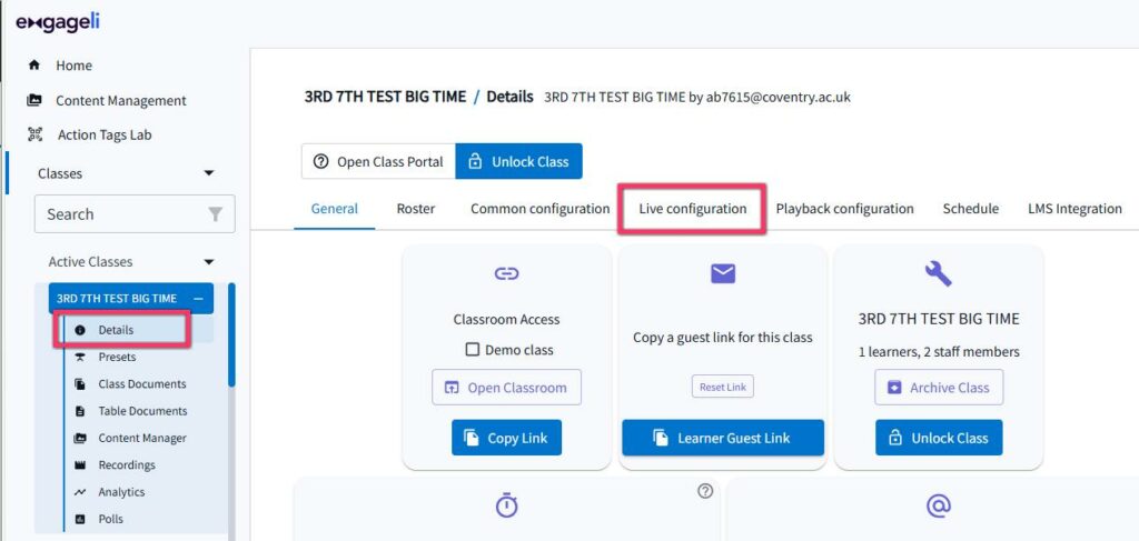 showing Details page, click the Live Configuration tab highlighted