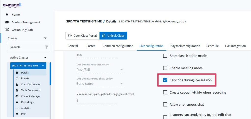 showing check the box for Captions during live session highlighted