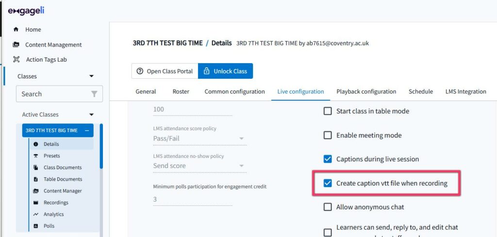 showing Check the box for Create caption vtt file when recording highlighted