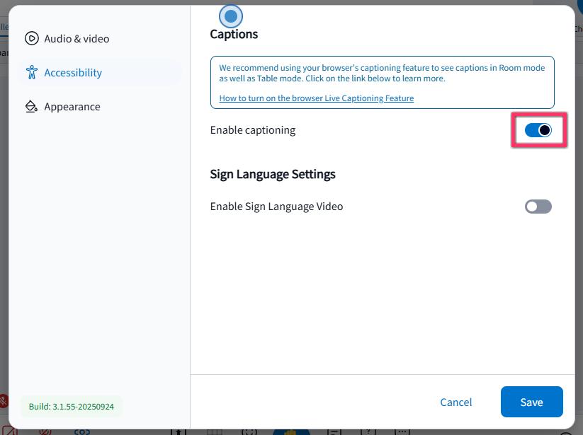 Showing Toggle Enable captioning to the right