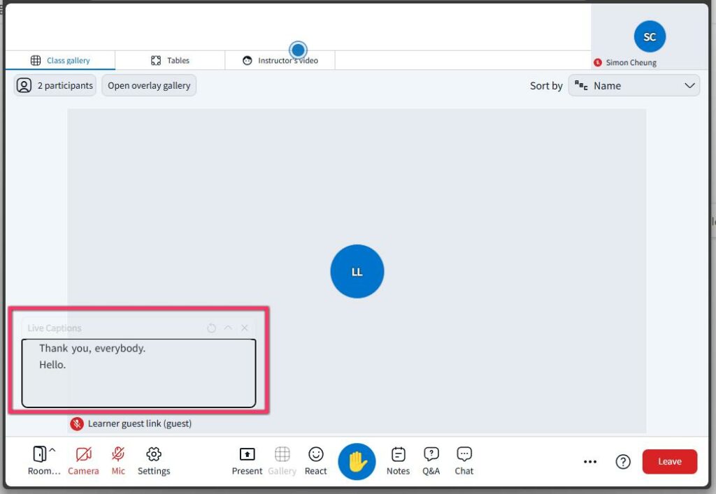 Showing captions in a display box located lower left of screen