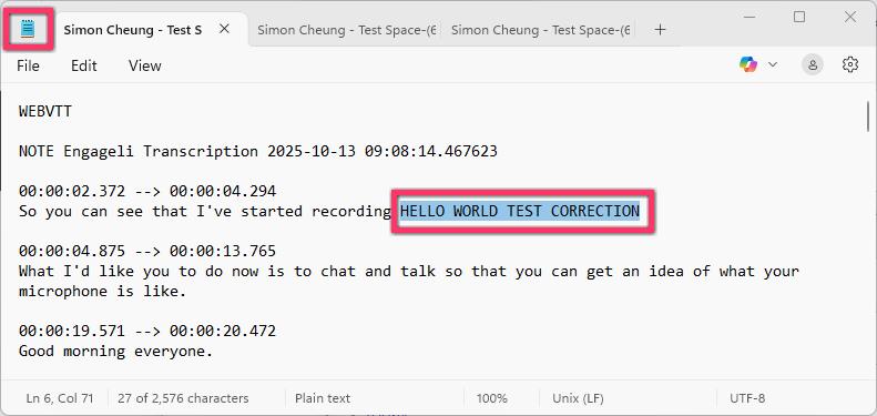 Showing Notepad text editor app opened and editing sample the text of VTT file