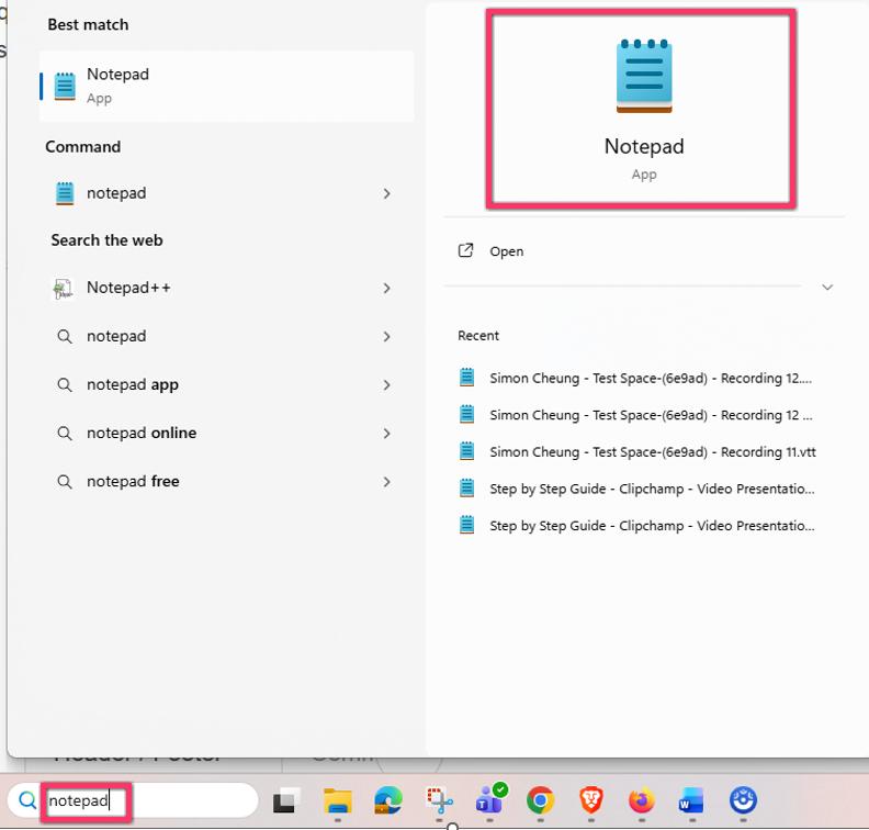 Showing Type in and search for Notepad app in search bar and result